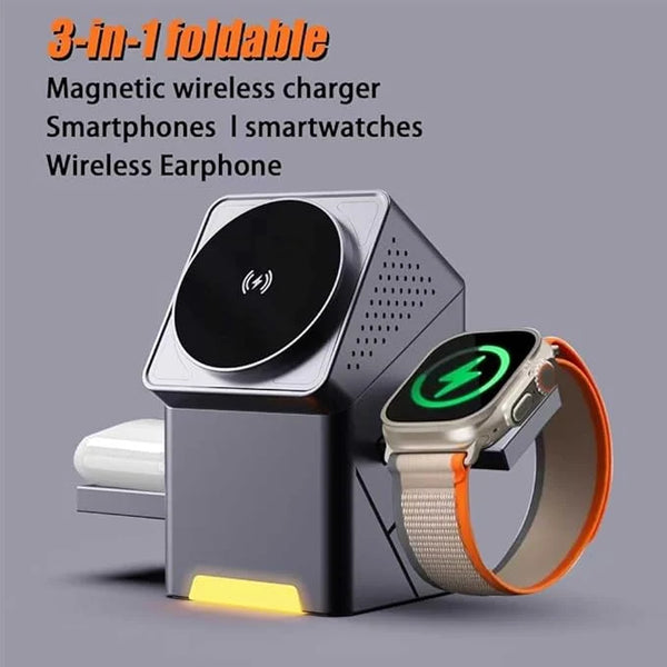 3-in-1 Magnetic Wireless Charger – Fast Charging Station for Phone, Smartwatch &amp; Earbuds | Foldable Magnetic Dock